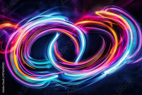 Interconnected neon swirls in vibrant pink, orange, and blue create a dynamic, abstract light energy flow. The design is visually striking and suggests movement and connection.
