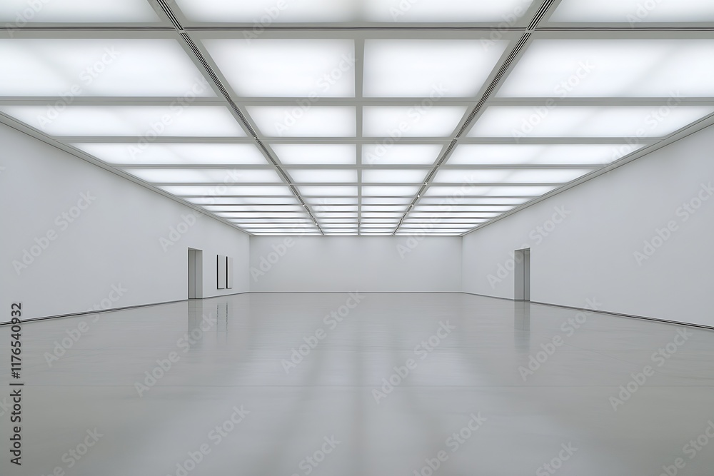 Minimalist empty exhibition hall with modern grid ceiling and open doorways : Generative AI Minimalist empty exhibition hall with modern grid ceiling and open doorways : Generative AI