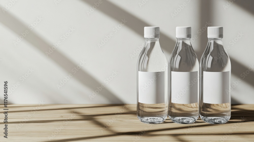 three empty water bottles sitting on a wooden table three empty water bottles sitting on a wooden table