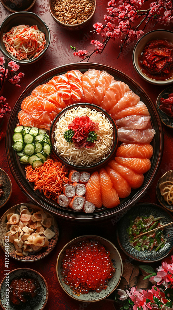 Fototapeta premium Delicious Japanese Cuisine Platter with Salmon Noodles and Sides