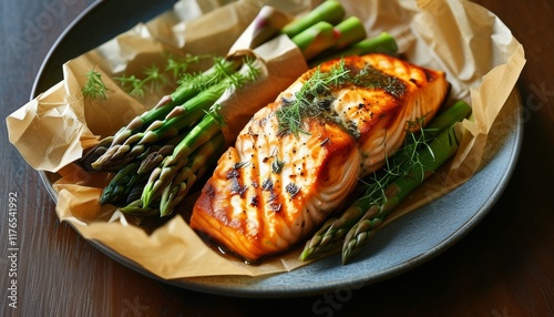 Baked Salmon with Asparagus and Herbs in Papillote on a Rustic Plate for Healthy Eating
