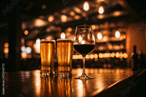 Two glasses of beer and a glass of red wine on a bar counter, with warm, dim lighting in the background.