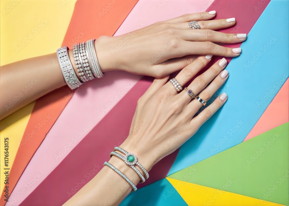 Fototapeta premium Female Hands with Bracelets and Rings on Colorful Background - Stylish and Elegant Accessories