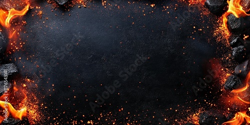 Fire and flames create an intense background. Burning embers and glowing sparks mix with charcoal. Vivid dramatic textures evoke heat energy. Perfect for BBQ or grilling themes.