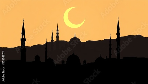 silhouette of mosque in sunset, silhouette of mosque, silhouette of mosque ramadan, silhouette of mosque ramadhan, magrib, ramadan bulan puasa, promosi untuk bulan ramadan	 photo