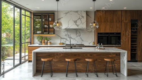 Modern Luxury Kitchen with Marble Island and Walnut Cabinets