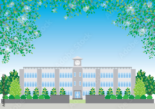 新緑の季節の校舎のイラスト