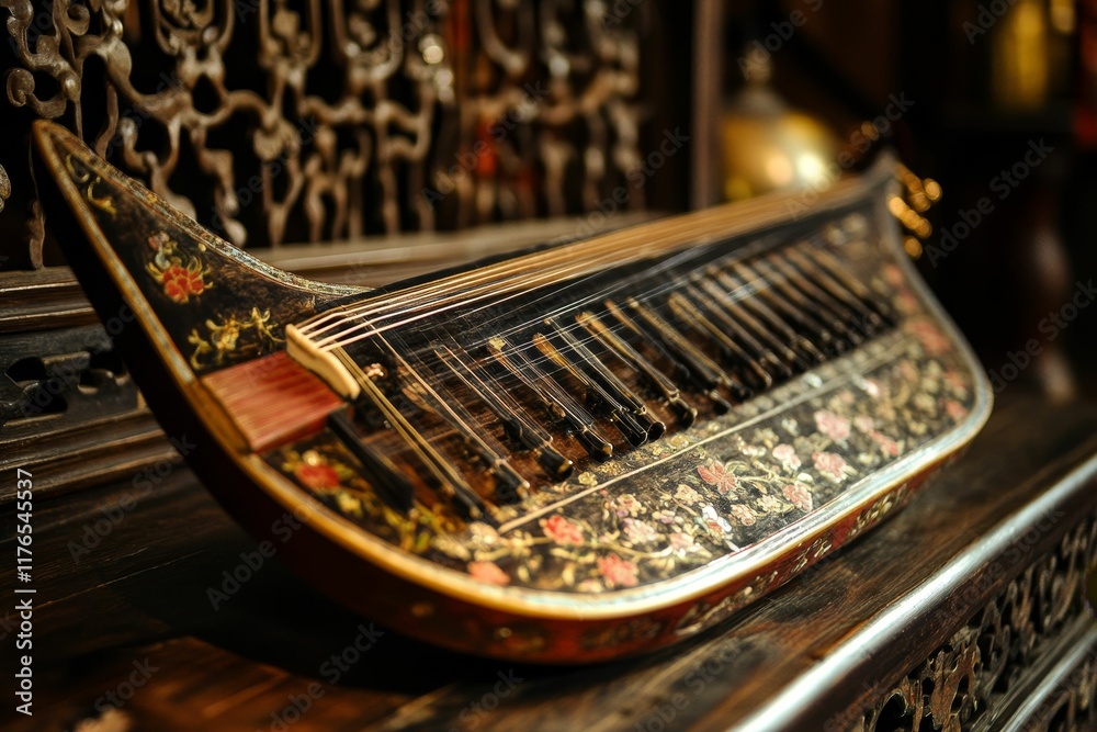 Ornate, curved musical instrument; strings, keys, floral inlay. Ornate, curved musical instrument; strings, keys, floral inlay.
