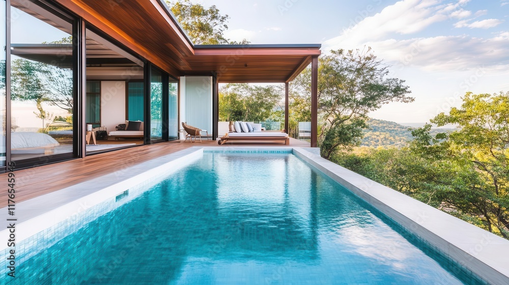 Fototapeta premium A sustainable luxury container house with an infinity pool and breathtaking views
