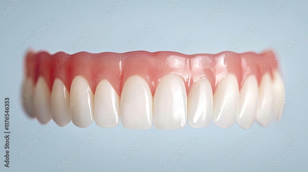 Fototapeta premium Realistic dental prosthesis displayed against a light blue background, showcasing lifelike teeth and gum structure for dental education or marketing.