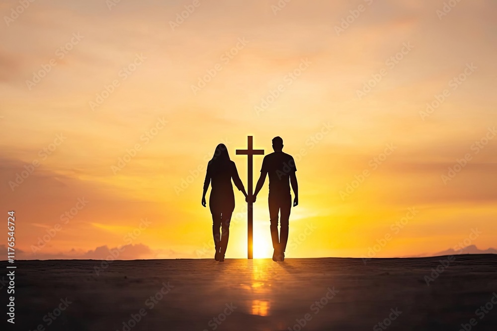 Silhouette of a couple holding hands in front of a cross at sunset, symbolizing faith and unity. Perfect for religious themes. Silhouette of a couple holding hands in front of a cross at sunset, symbolizing faith and unity. Perfect for religious themes.