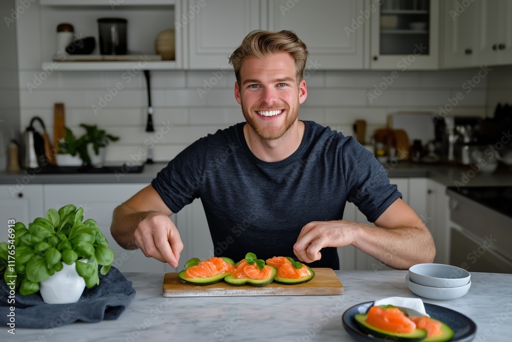 A smiling man prepares a delicious meal featuring avocado, promoting a healthy lifestyle. Ideal for showcasing the Ketogenic diet and tips for effective weight loss. A smiling man prepares a delicious meal featuring avocado, promoting a healthy lifestyle. Ideal for showcasing the Ketogenic diet and tips for effective weight loss.