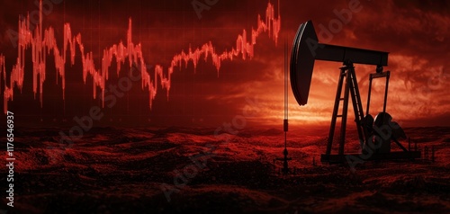 Dramatic oil field with glowing sunset and financial chart overlays blending industrial energy themes with economic and trading concepts photo