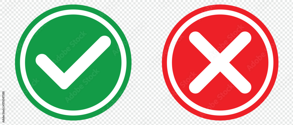 Green check mark and red cross mark icon. Cross & check mark icons, flat round buttons set. Vector illustration. Green check mark and red cross mark icon. Cross & check mark icons, flat round buttons set. Vector illustration.