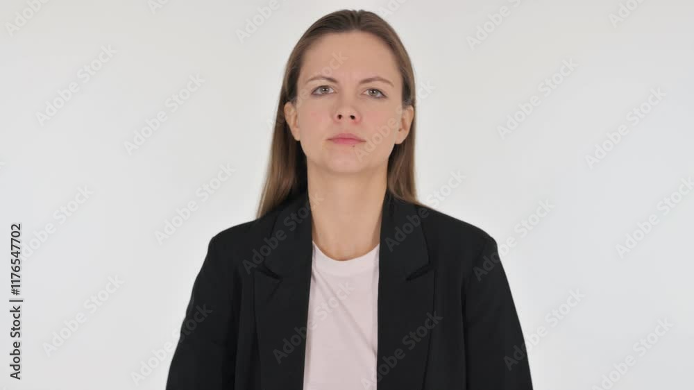 Portrait of Rejecting Businesswoman Disliking Offer on White Background Portrait of Rejecting Businesswoman Disliking Offer on White Background