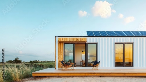 An eco-friendly container house featuring solar panels and stylish minimalist interiors