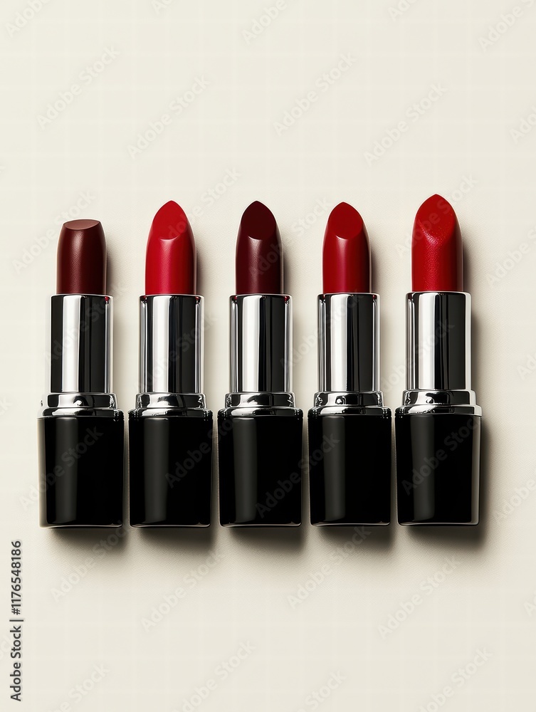 Elegant Display of Vibrant Red Lipsticks in a Row on a Soft Background Elegant Display of Vibrant Red Lipsticks in a Row on a Soft Background