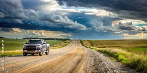 Pick-up truck driving down a gravel country road on a cloudy spring day , pick-up truck, country road, spring, cloudy