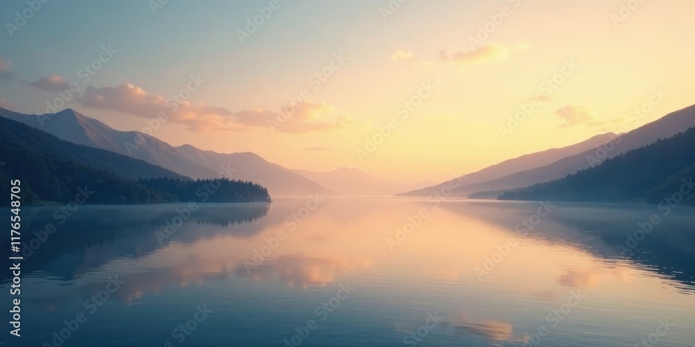 Fototapeta premium Serene Sunrise Over a Tranquil Lake Nestled Between Majestic Mountains with Misty Shores and a Calm Reflection