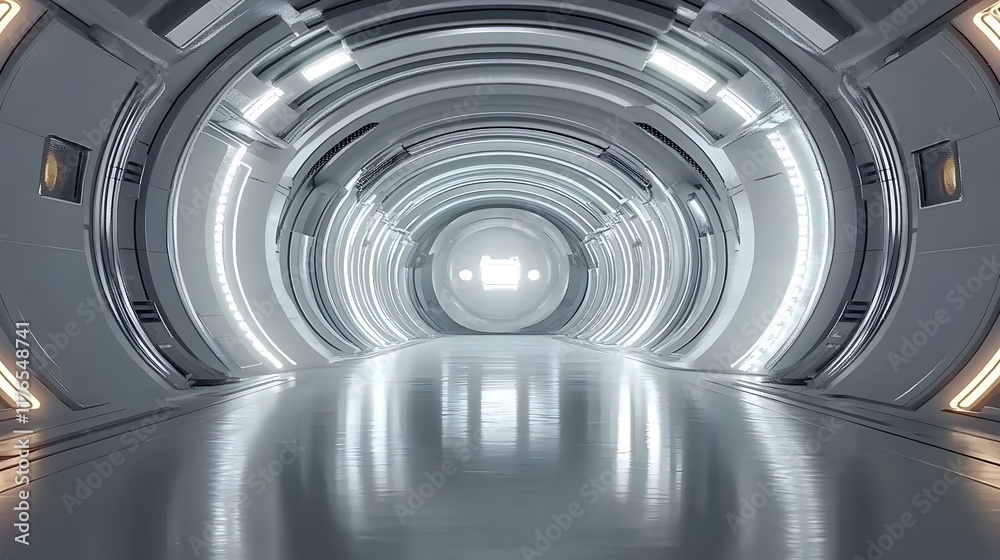 Obraz premium Large white and silver futuristic corridor with glowing lights along the walls, featuring a sleek round shape and modern architectural design. A perfect setting for sci-fi and innovative technological