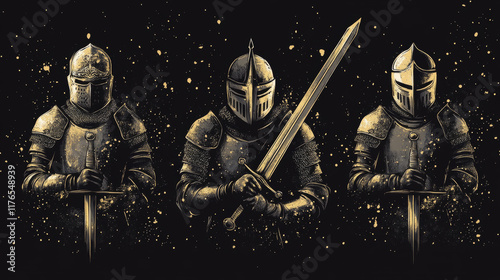 Tshirt print with knights hold sword vector mascots, medieval warriors in helmet. Monochrome labels for apparel design with warriors and typography, isolated t shirt prints for war club, sporting team photo