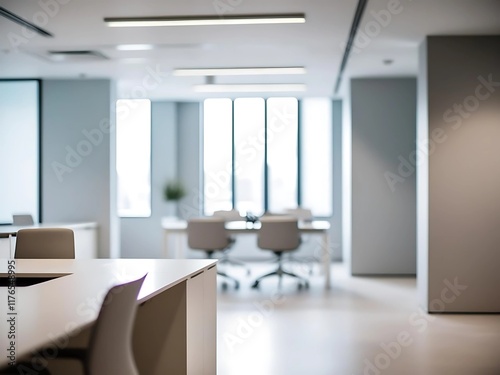 A blurred background of an empty, contemporary office space sets scene for a professional environment with clean lines and modern design