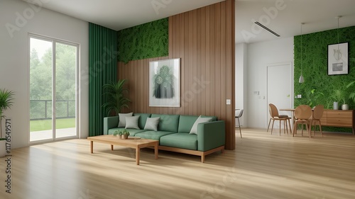 Empty room with vibrant green wall and polished wooden floor, creating a serene and inviting backdrop for interior design concepts, HD photorealistic. photo