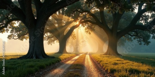 Golden sunbeams illuminate a tranquil path winding through a majestic grove of ancient trees, their leafy branches creating a natural cathedral of light and shadow. photo