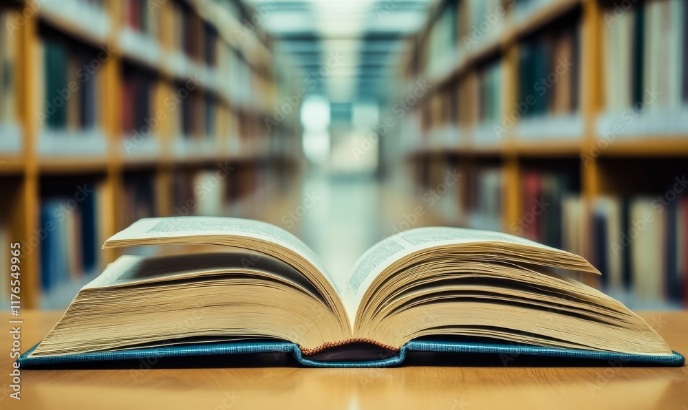 Open book, aged pages, library backdrop. Open book, aged pages, library backdrop.