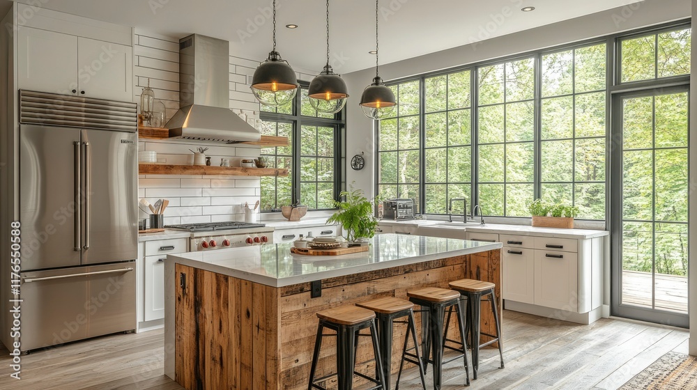 Fototapeta premium Modern Farmhouse Kitchen with Large Windows and Rustic Island