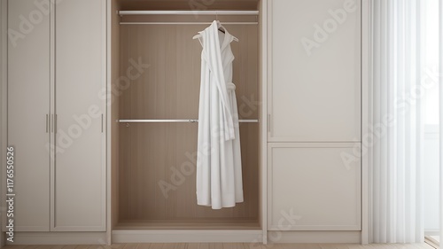 Pristine white towel hanging in a polished wooden wardrobe, luxurious hotel interior, soft morning light, relaxing and inviting, photorealistic. photo