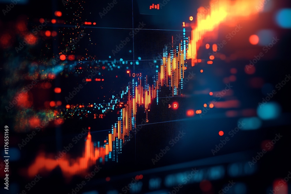 Abstract Rising Financial Graph in Neon Blue and Orange on Digital Grid Background with Data Points : Generative AI Abstract Rising Financial Graph in Neon Blue and Orange on Digital Grid Background with Data Points : Generative AI