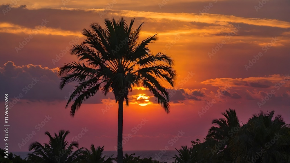 Fototapeta premium Palm Silhouette at Dusk: Livistona chinensis Framed by a Vibrant Sunset