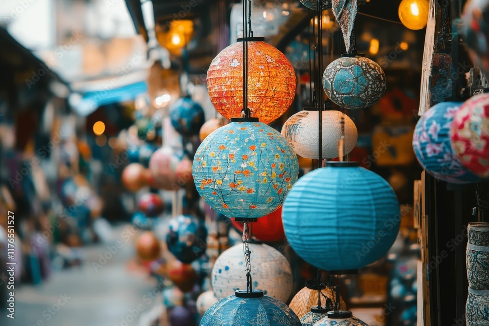 Obraz premium Colorful paper lanterns hang, market background blurred.