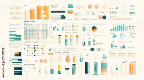 Medical and pharmacy infographics with charts in circle form and bar tubes, histogram and linear charts about sales of pills and drugs, formulas and groups of medicine, pharmacy elements photo