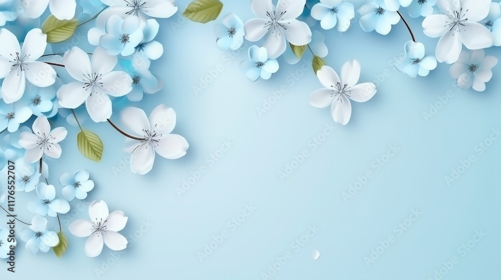 Beautiful Spring Flowers on a Soft Blue Background for Celebration and Congratulations with Delicate Petals and Fresh Green Leaves Beautiful Spring Flowers on a Soft Blue Background for Celebration and Congratulations with Delicate Petals and Fresh Green Leaves