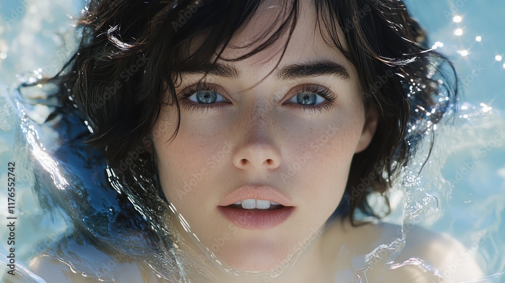 Woman's face partially submerged in water. Woman's face partially submerged in water.