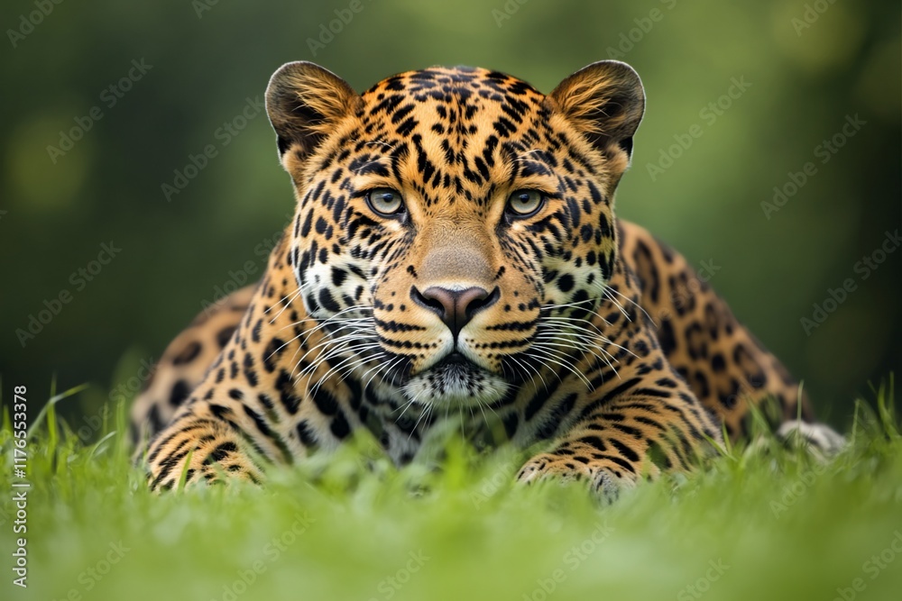 Jaguar resting in green grass, jungle background, wildlife photography, nature Jaguar resting in green grass, jungle background, wildlife photography, nature
