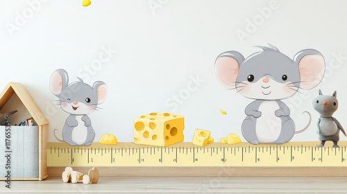 Cartoon funny cute mouse and mice with cheese, kids height chart growth measure. Vector meter, wall sticker for children height measurement with cute rodent animal characters and scale, isolated ruler photo