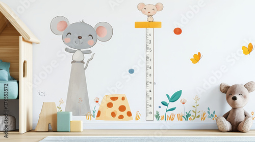 Cartoon funny cute mouse and mice with cheese, kids height chart growth measure. Vector meter, wall sticker for children height measurement with cute rodent animal characters and scale, isolated ruler photo