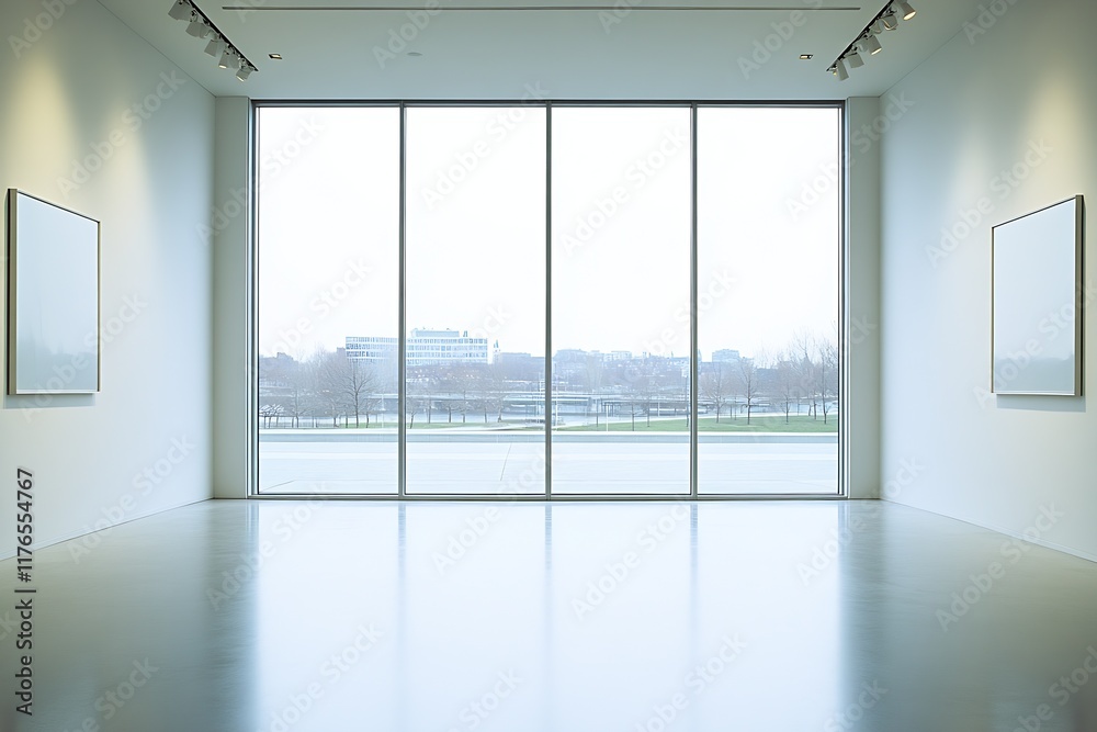 Obraz premium Modern Art Gallery Interior with Large Windows Overlooking Scenic Urban Landscape : Generative AI