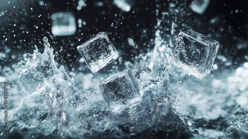 Realistic ice cubes and blue water drops splash, kitchen skinali background. Vector panoramic design with frozen crystal cubes on black and white. Ice blocks and aqua explosion realistic graphic