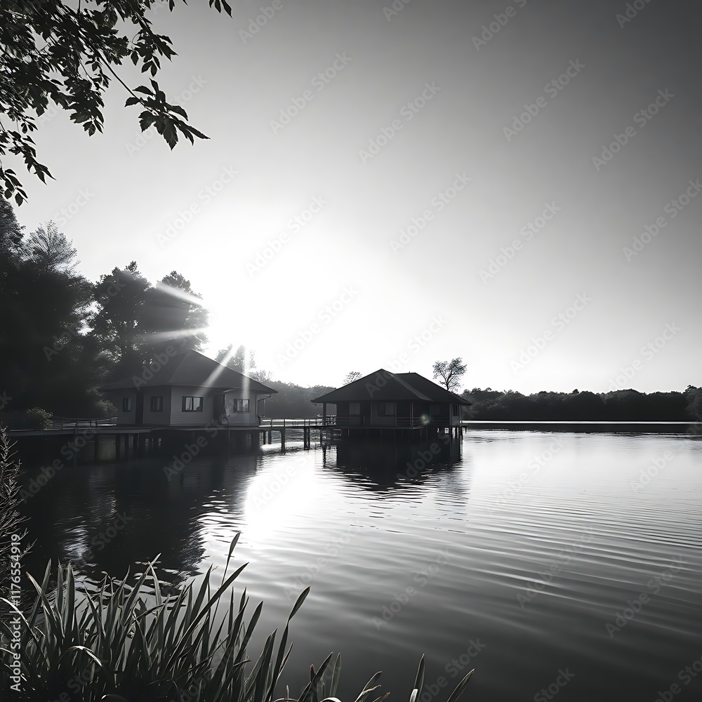 Fototapeta premium morning on the lake, eco-friendly bungalow on a tranquil lake, lush greenery, morning sun, golden glow, deep shadows, dramatic