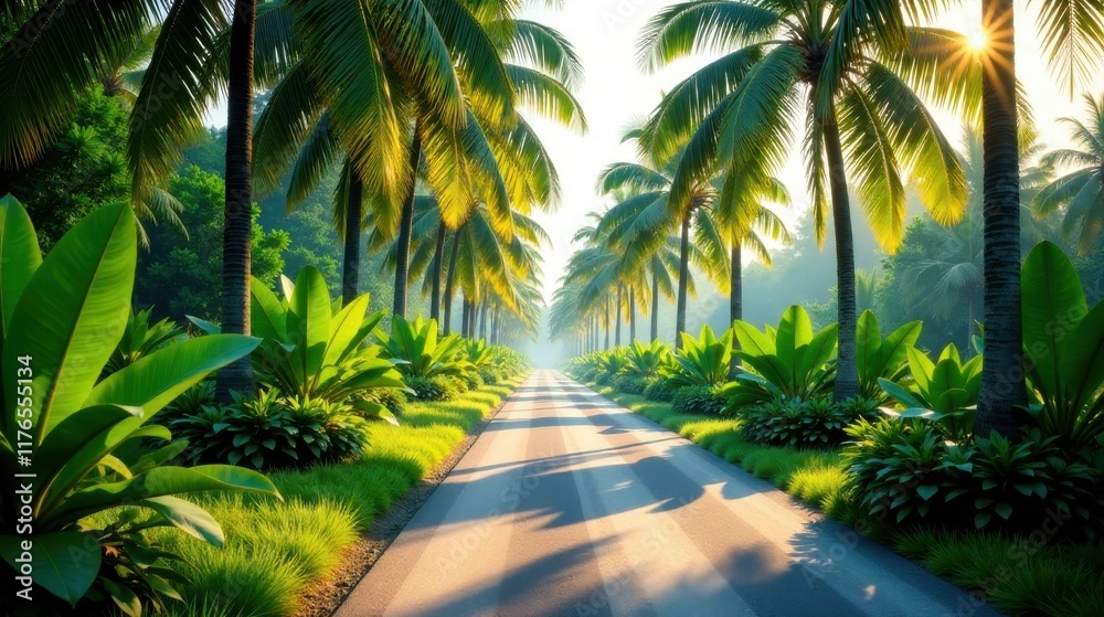 Serene Sunrise Drive Through Lush Tropical Palms and Vibrant Greenery Serene Sunrise Drive Through Lush Tropical Palms and Vibrant Greenery