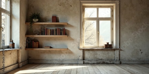 A sunlit room with aged walls, wooden floors, and antique shelves displaying books and a potted plant