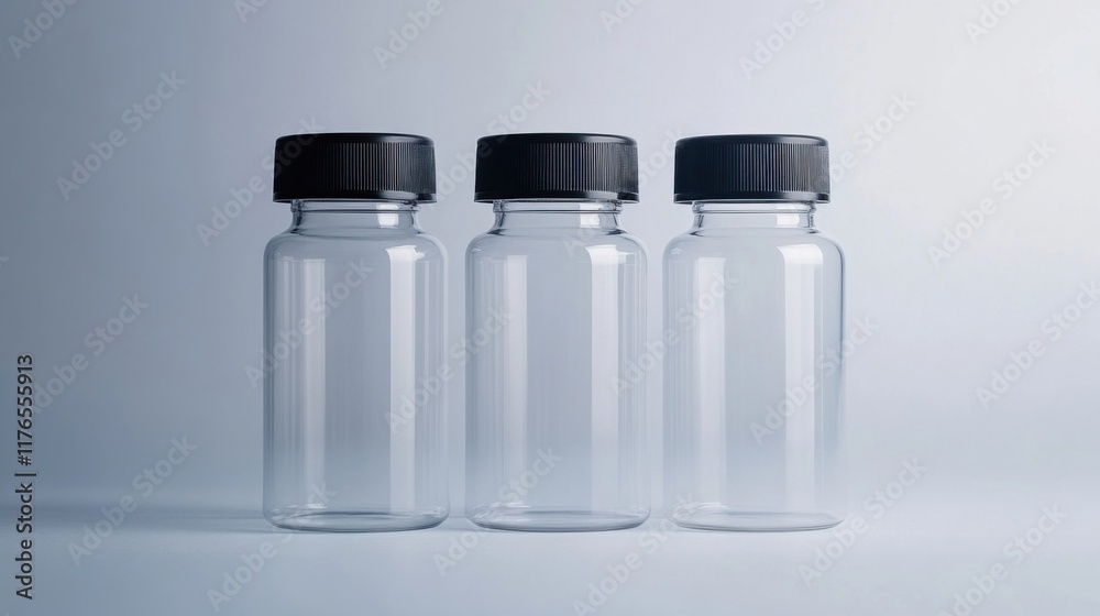 three empty clear bottles with black caps on a white surface three empty clear bottles with black caps on a white surface