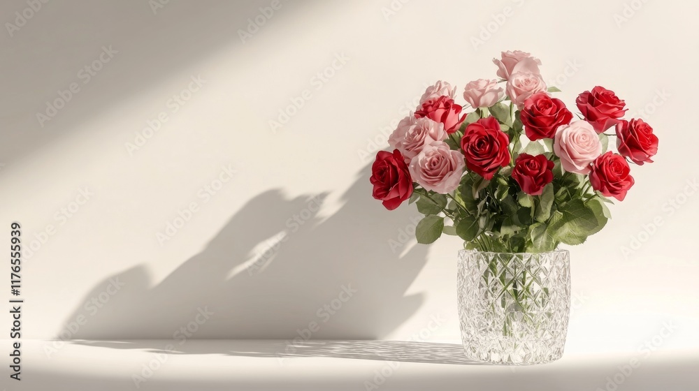 Fototapeta premium Elegant Bouquet of Red and Pink Roses in Crystal Vase on Beige Background - Perfect for Floral, Home Decor, and Romantic Themes