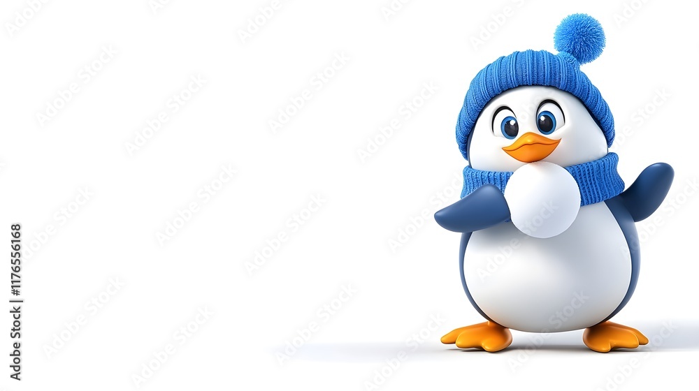 Obraz premium Cute Penguin Character Wearing Blue Hat and Scarf with Snowball