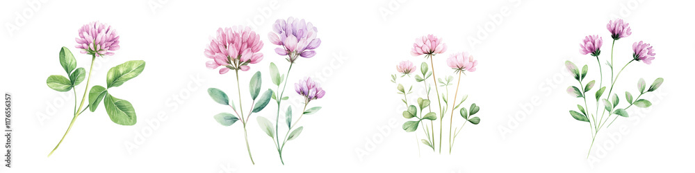 Naklejka premium A collection of delicate pink flowers with green leaves, showcasing various arrangements and sizes.