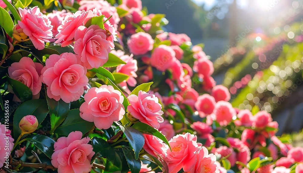 Pink camellias in full bloom on a sunny garden hillside Pink camellias in full bloom on a sunny garden hillside
